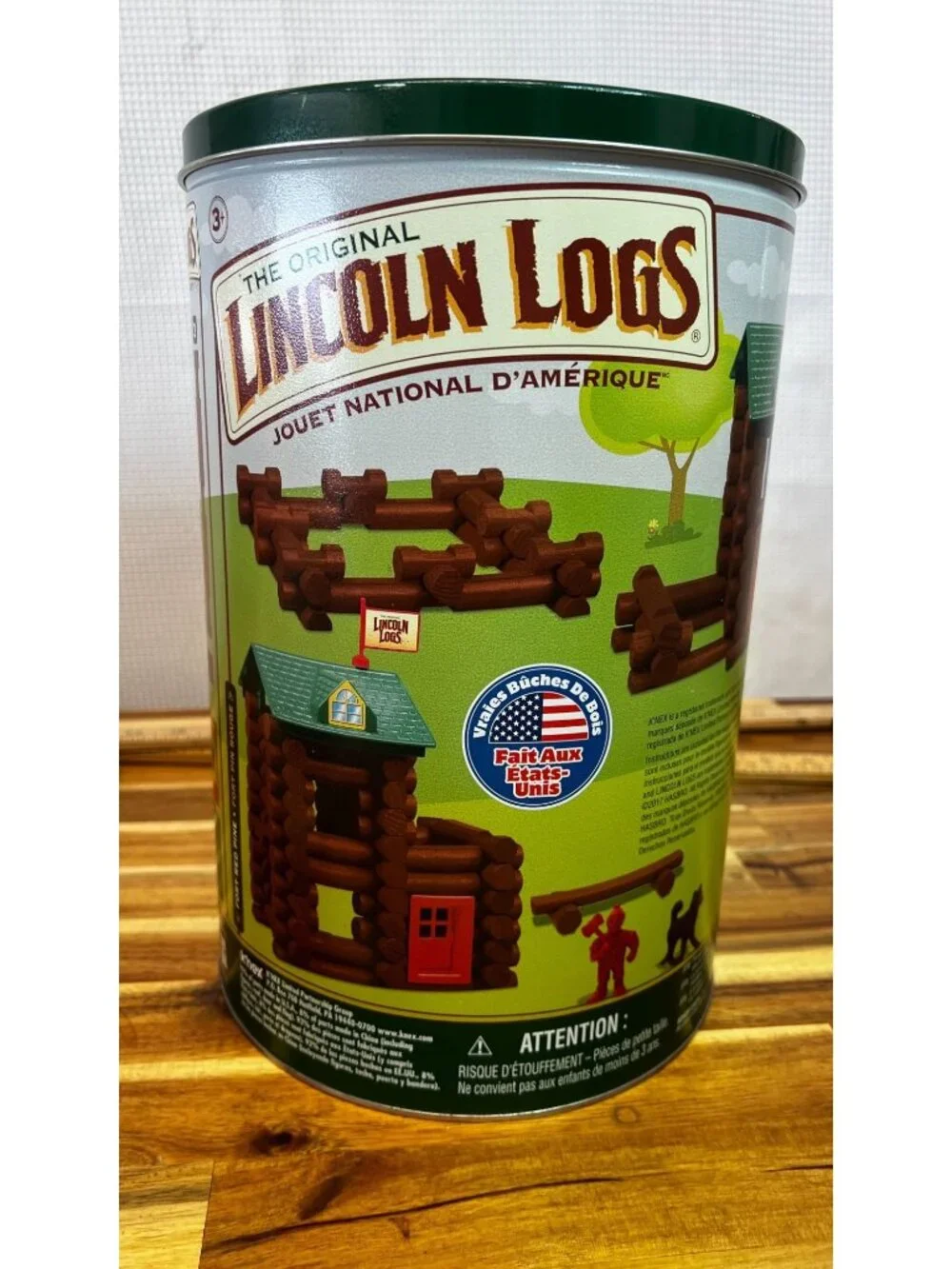 Lincoln Logs, made in the USA, includes can for storage, circa 2017
